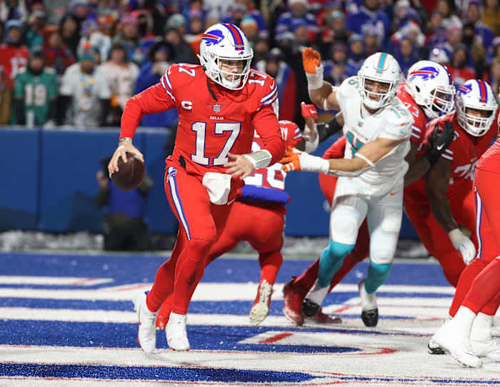 Bills quarterback Josh Allen wears the color rush uniforms against the Dolphins.